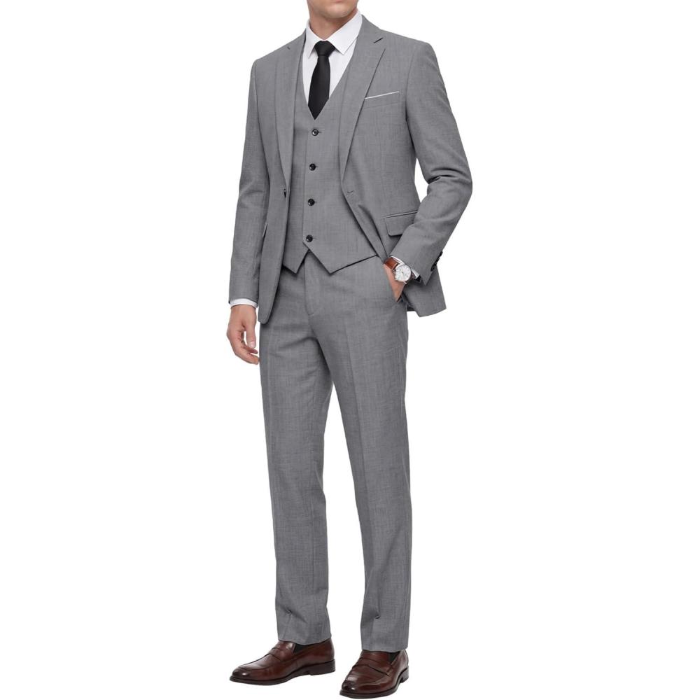 imageWULFUL Mens 3 Piece Slim Fit Suit Set Stretch One Button Blazer Jacket Vest amp Pants Tuxedo for Party Wedding BusinessDark Grey