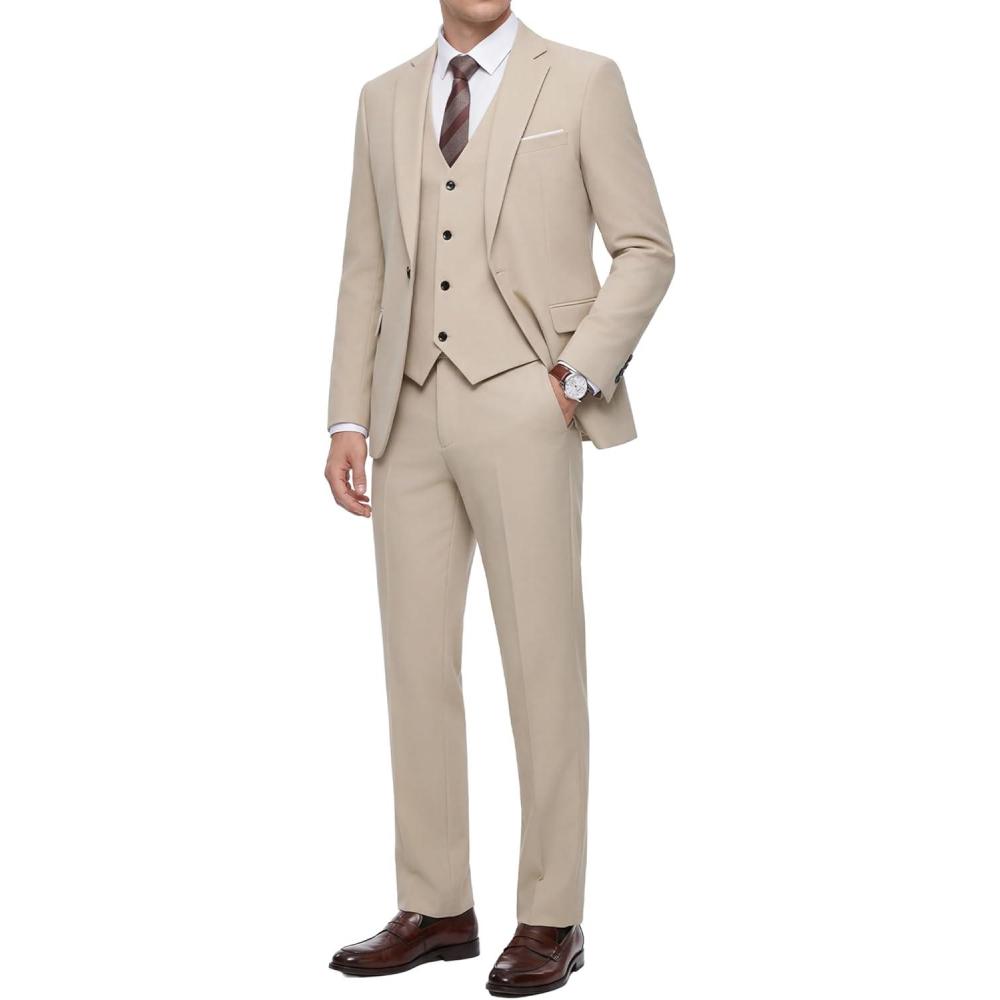 imageWULFUL Mens 3 Piece Slim Fit Suit Set Stretch One Button Blazer Jacket Vest amp Pants Tuxedo for Party Wedding BusinessKhaki