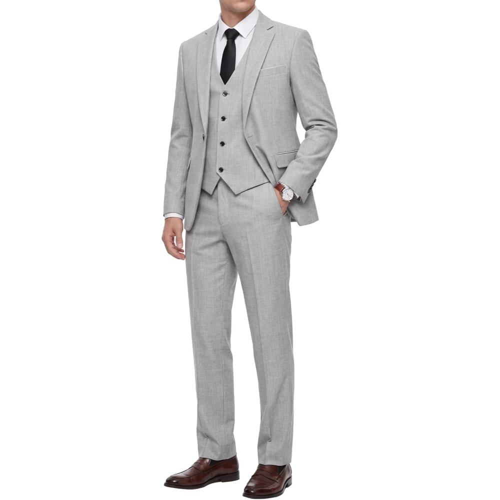 imageWULFUL Mens 3 Piece Slim Fit Suit Set Stretch One Button Blazer Jacket Vest amp Pants Tuxedo for Party Wedding BusinessLight Grey