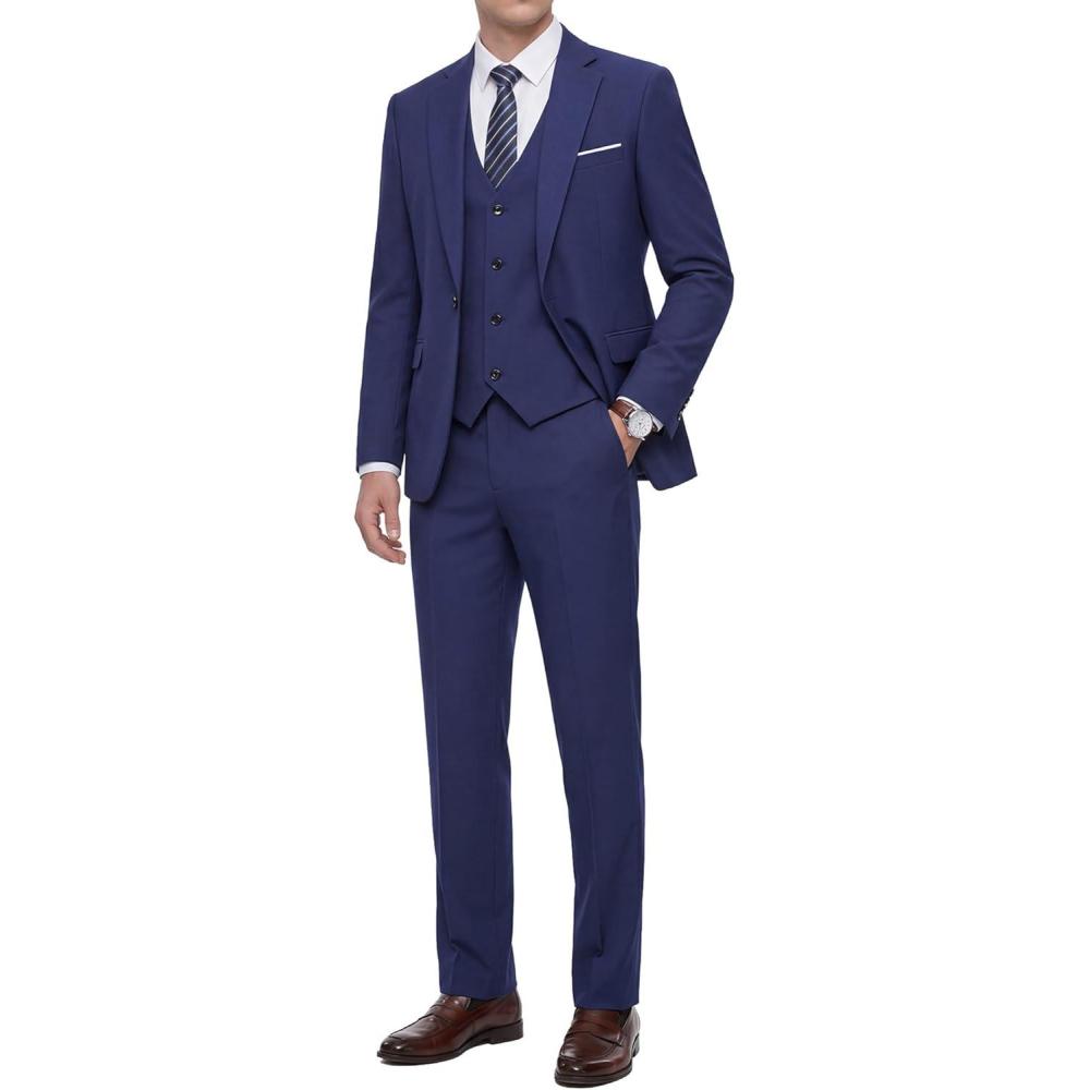 imageWULFUL Mens 3 Piece Slim Fit Suit Set Stretch One Button Blazer Jacket Vest amp Pants Tuxedo for Party Wedding BusinessNavy