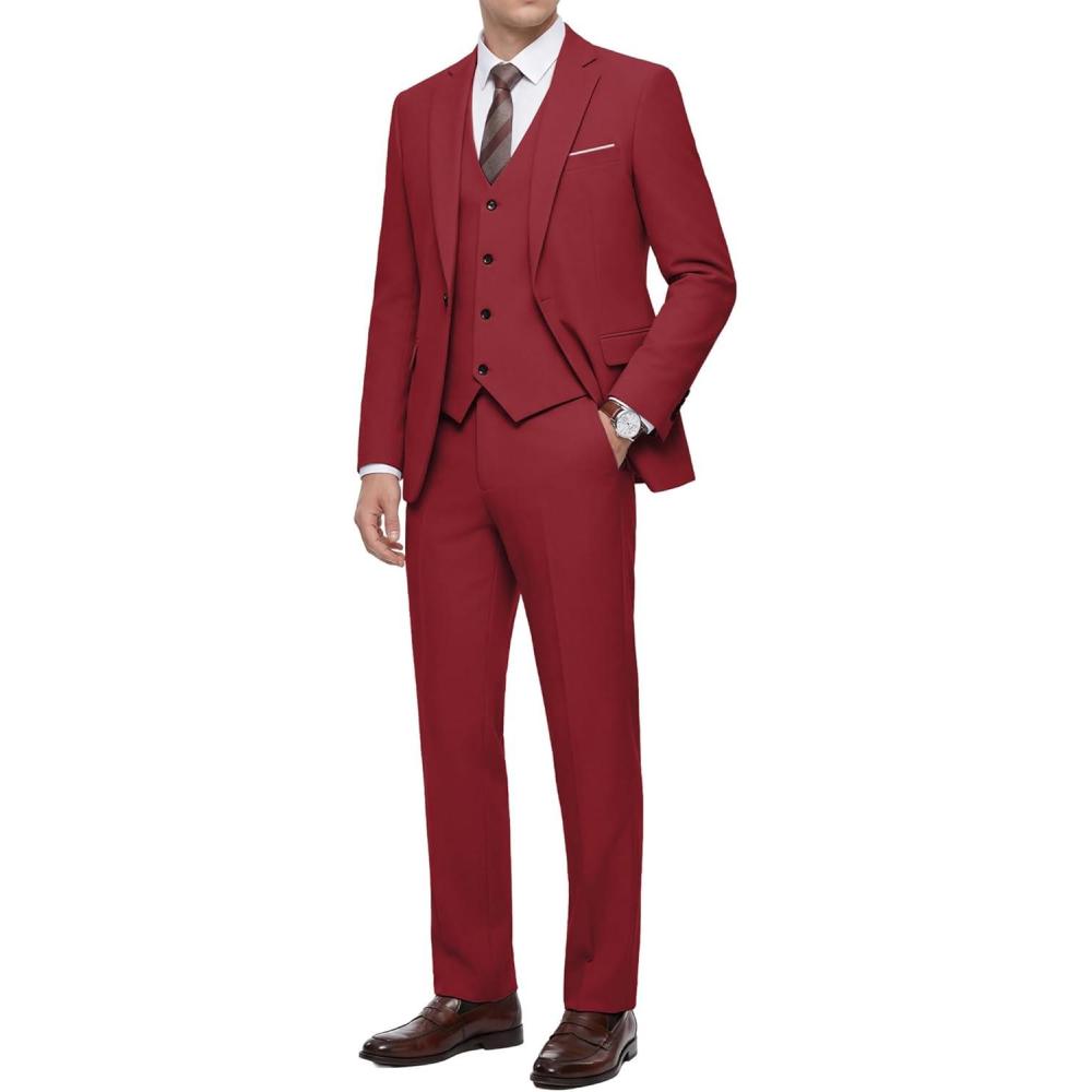 imageWULFUL Mens 3 Piece Slim Fit Suit Set Stretch One Button Blazer Jacket Vest amp Pants Tuxedo for Party Wedding BusinessRed