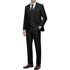 WULFUL Men’s 3 Piece Slim Fit Suit Set Stretch One Button Blazer Jacket Vest & Pants Tuxedo for Party Wedding Business(Black)