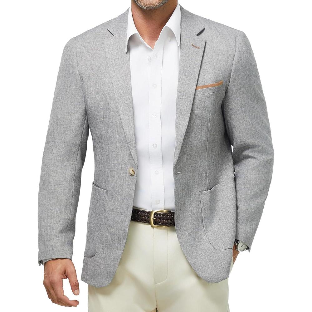 imageWULFUL Mens Sport Coats Blazers Linen Cotton Blazer Regular Fit One Button Suit Jacket with 2 PocketsGrey