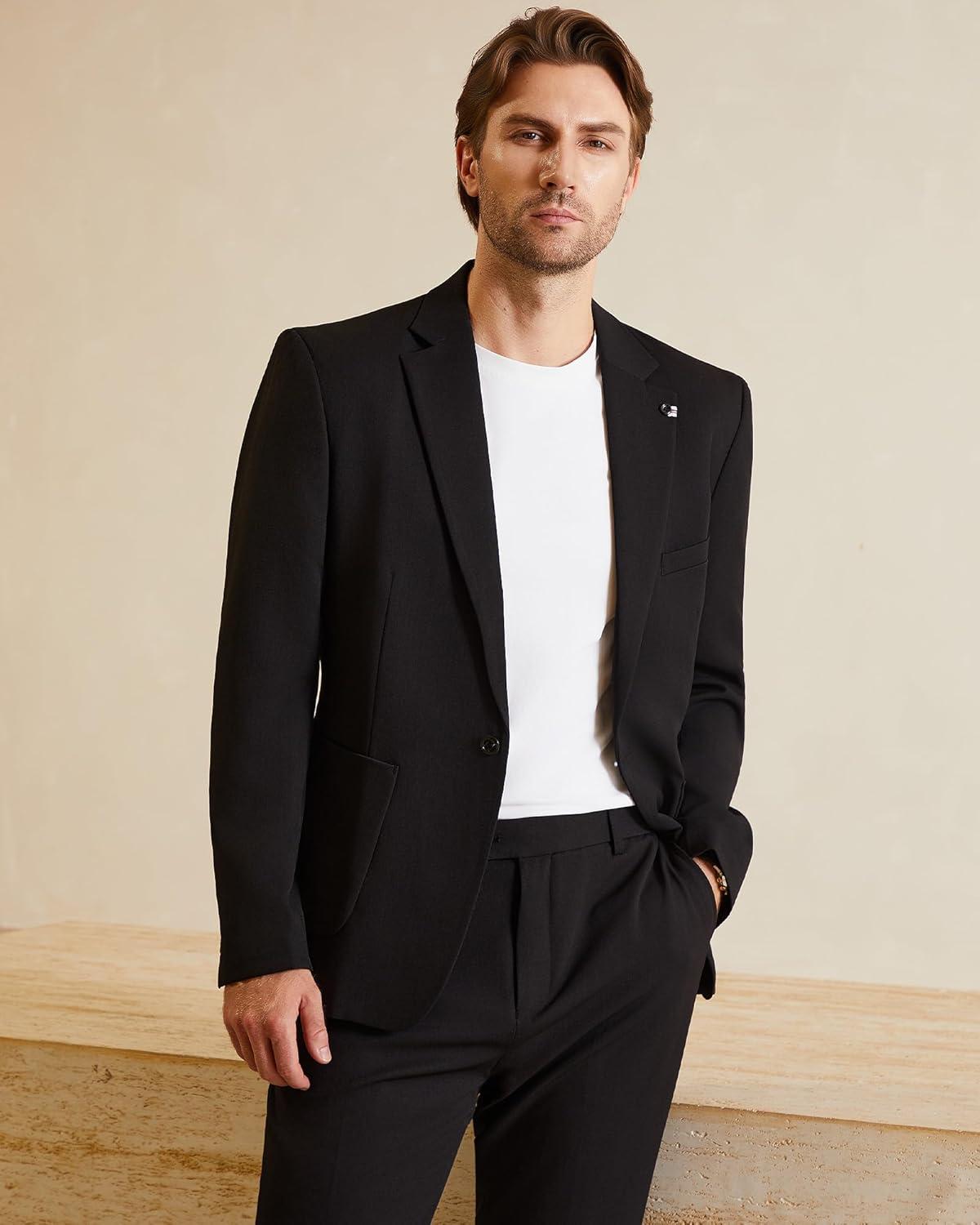 imageWULFUL Mens 2 Piece Slim Fit Suit Set One Button Casual Blazer Jacket Pants SetClassic Fit Suits for Men Wedding BusinessBlack