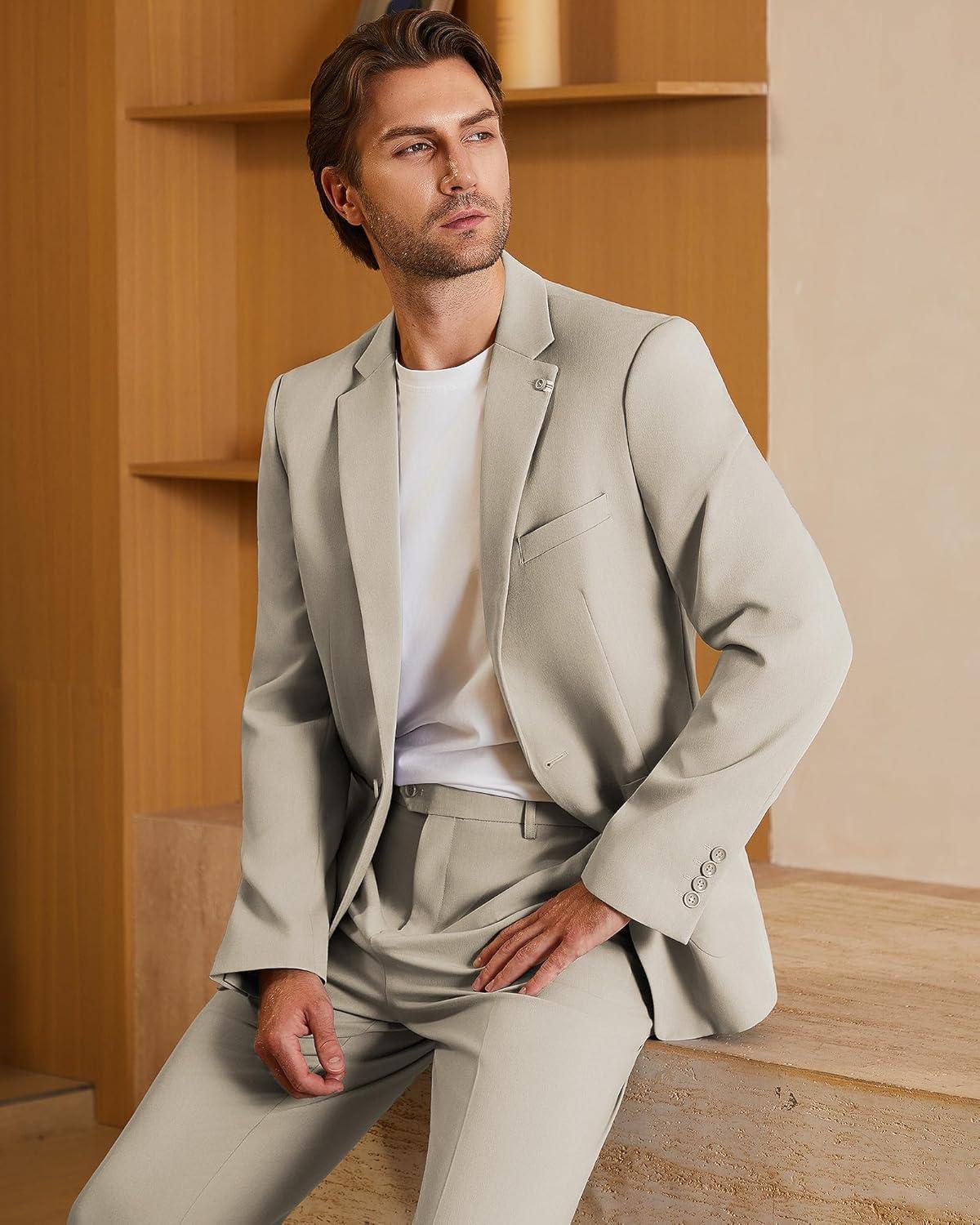imageWULFUL Mens 2 Piece Slim Fit Suit Set One Button Casual Blazer Jacket Pants SetClassic Fit Suits for Men Wedding BusinessChampagne
