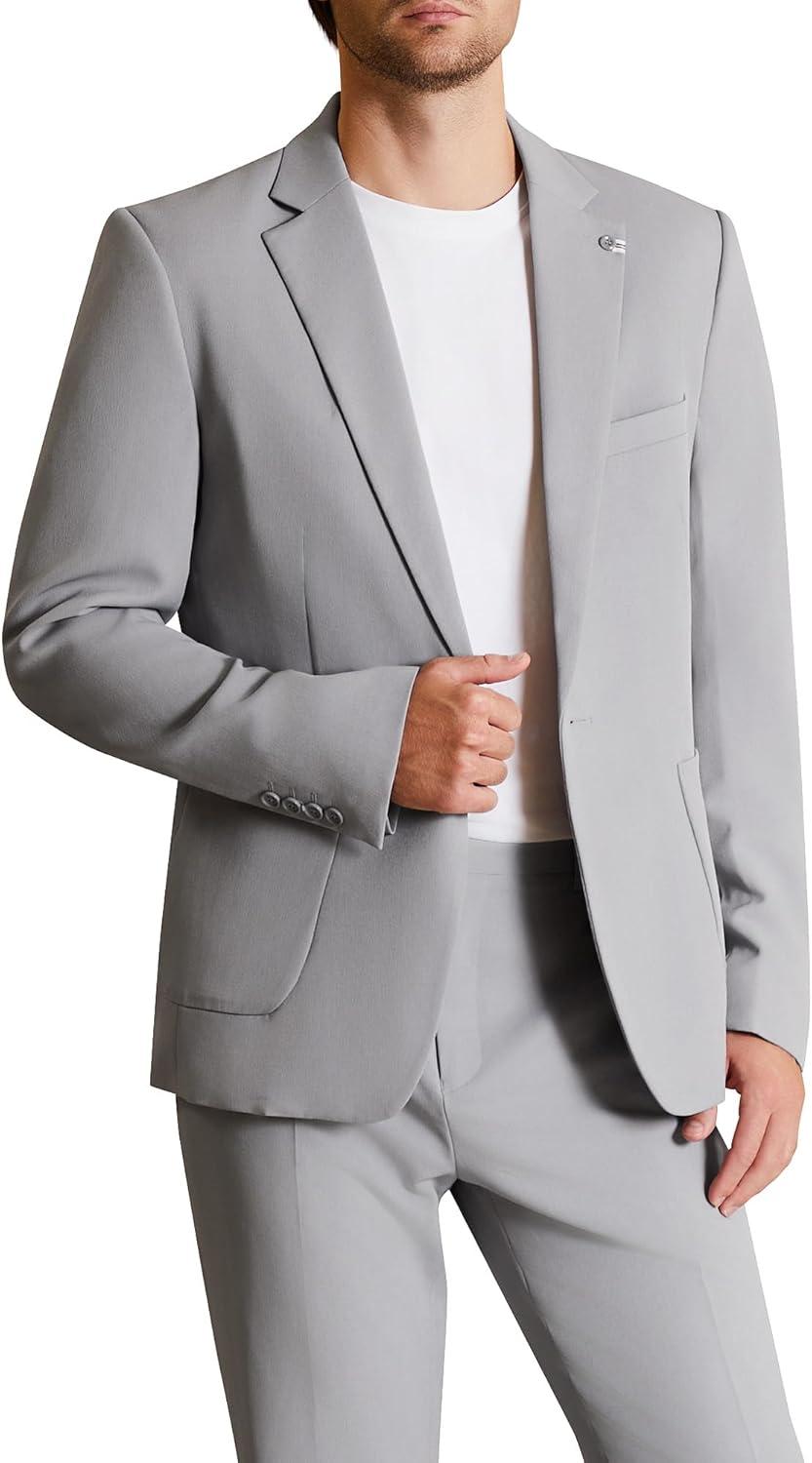 imageWULFUL Mens 2 Piece Slim Fit Suit Set One Button Casual Blazer Jacket Pants SetClassic Fit Suits for Men Wedding BusinessLight Gray