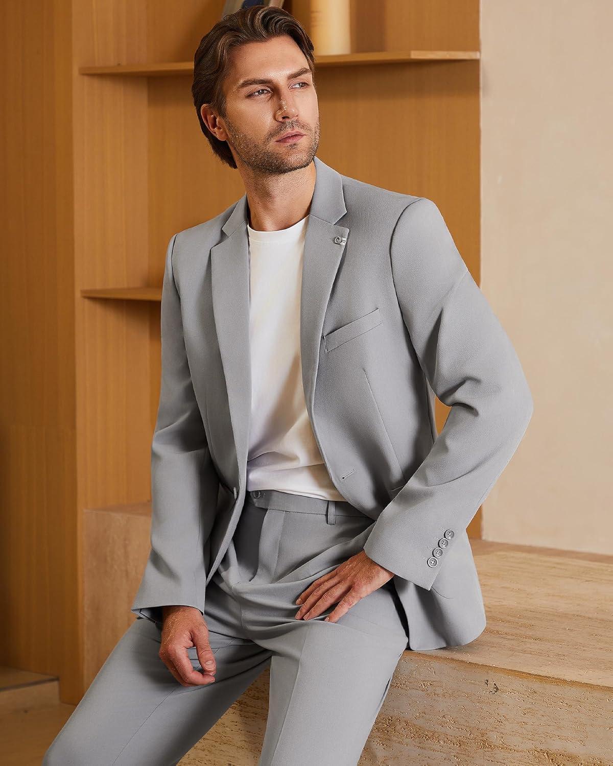imageWULFUL Mens 2 Piece Slim Fit Suit Set One Button Casual Blazer Jacket Pants SetClassic Fit Suits for Men Wedding BusinessLight Gray