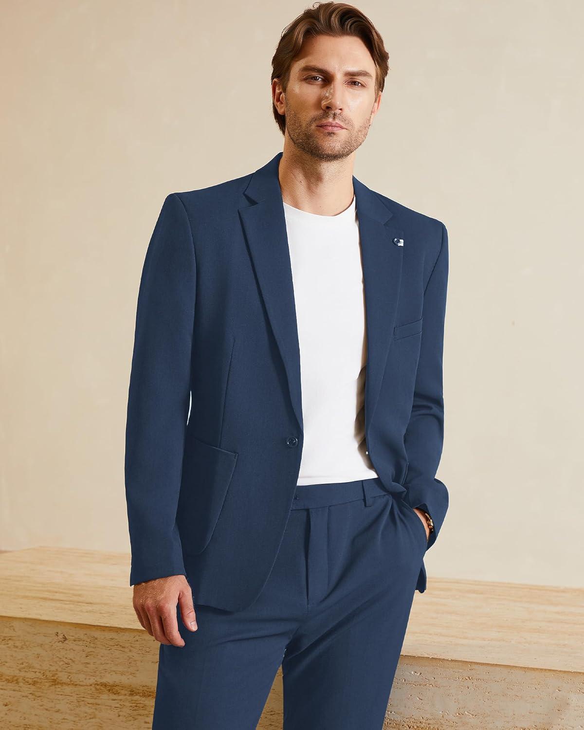 imageWULFUL Mens 2 Piece Slim Fit Suit Set One Button Casual Blazer Jacket Pants SetClassic Fit Suits for Men Wedding BusinessNavy