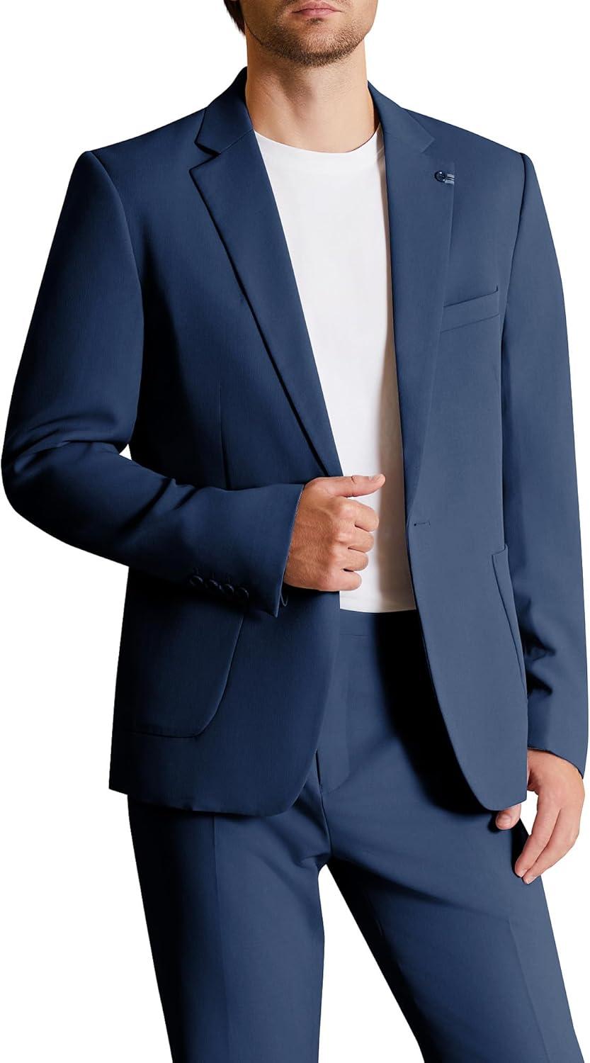 imageWULFUL Mens 2 Piece Slim Fit Suit Set One Button Casual Blazer Jacket Pants SetClassic Fit Suits for Men Wedding BusinessNavy