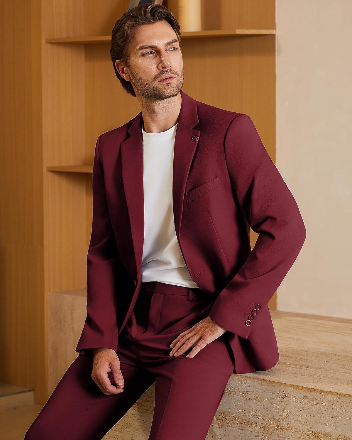 imageWULFUL Mens 2 Piece Slim Fit Suit Set One Button Casual Blazer Jacket Pants SetClassic Fit Suits for Men Wedding BusinessRed