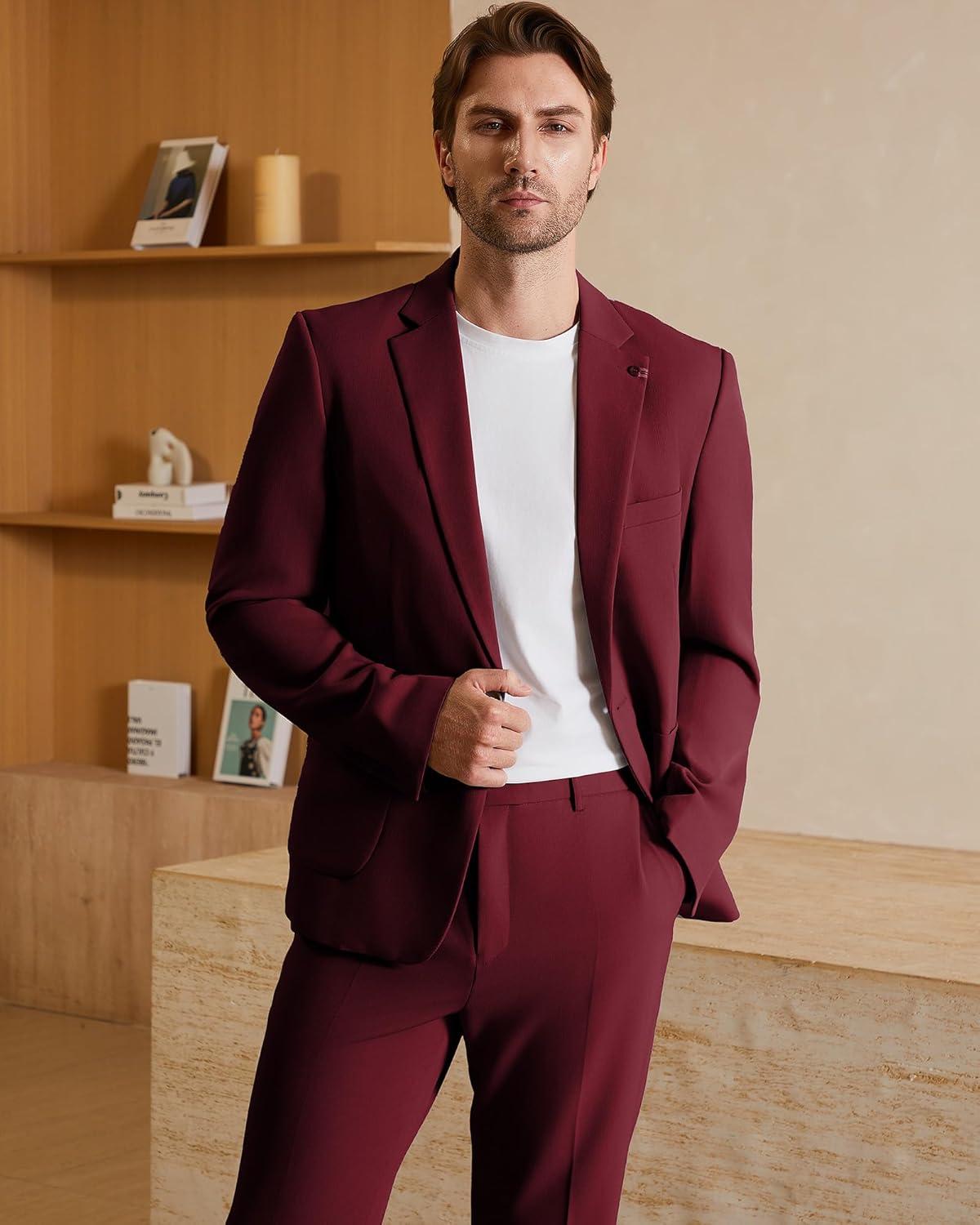 imageWULFUL Mens 2 Piece Slim Fit Suit Set One Button Casual Blazer Jacket Pants SetClassic Fit Suits for Men Wedding BusinessRed