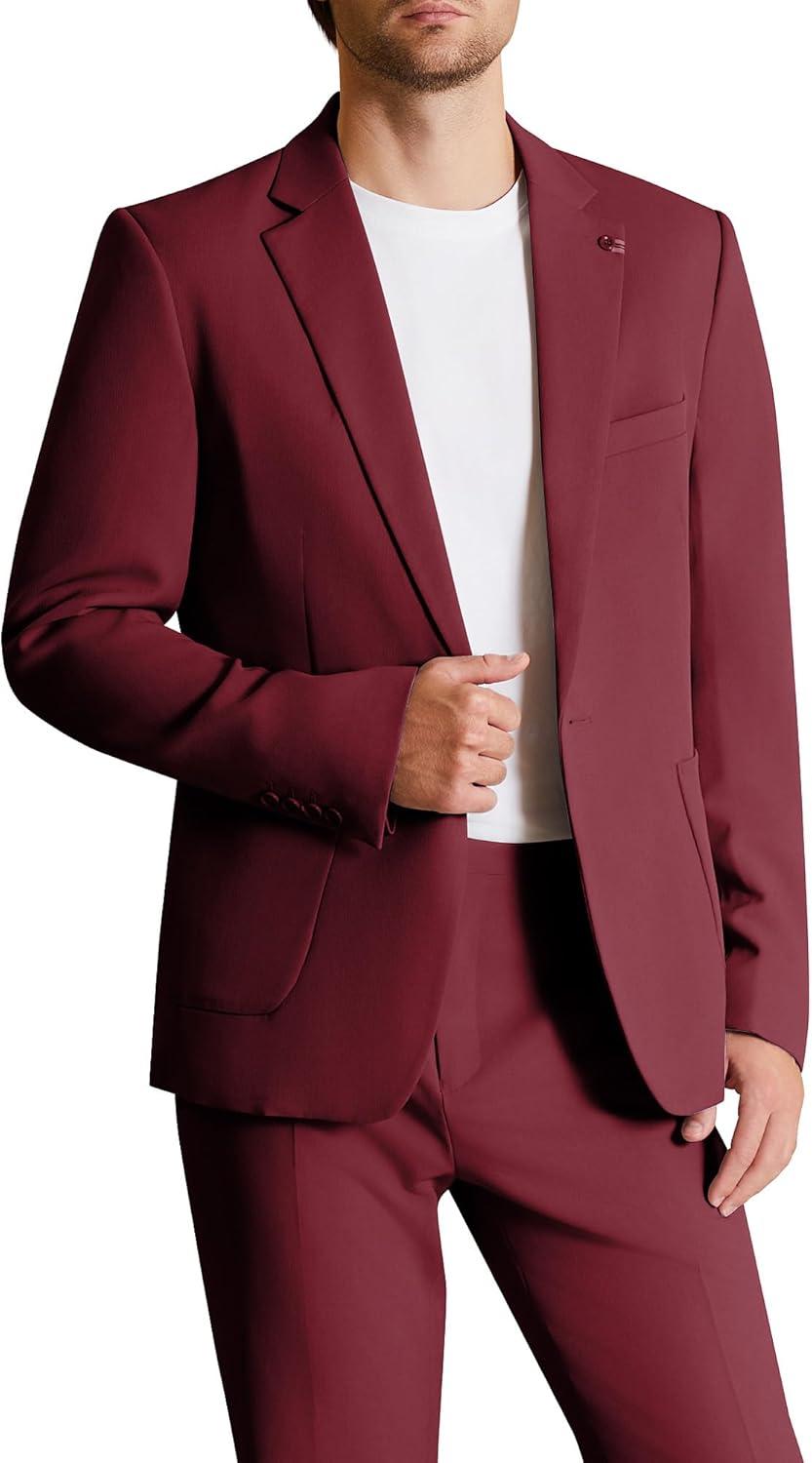 imageWULFUL Mens 2 Piece Slim Fit Suit Set One Button Casual Blazer Jacket Pants SetClassic Fit Suits for Men Wedding BusinessRed