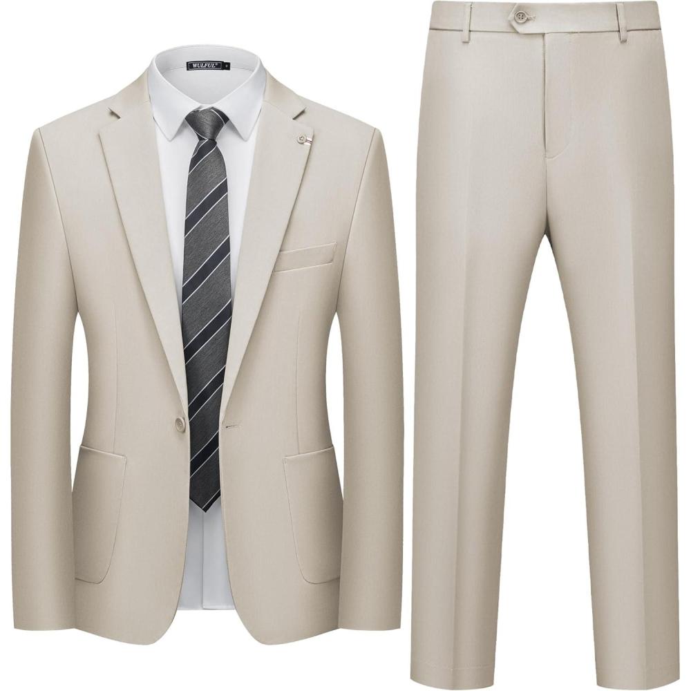 imageWULFUL Mens 2 Piece Slim Fit Suit Set One Button Casual Blazer Jacket Pants SetClassic Fit Suits for Men Wedding BusinessChampagne
