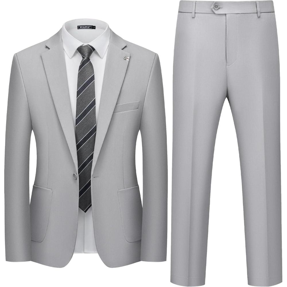 imageWULFUL Mens 2 Piece Slim Fit Suit Set One Button Casual Blazer Jacket Pants SetClassic Fit Suits for Men Wedding BusinessLight Gray