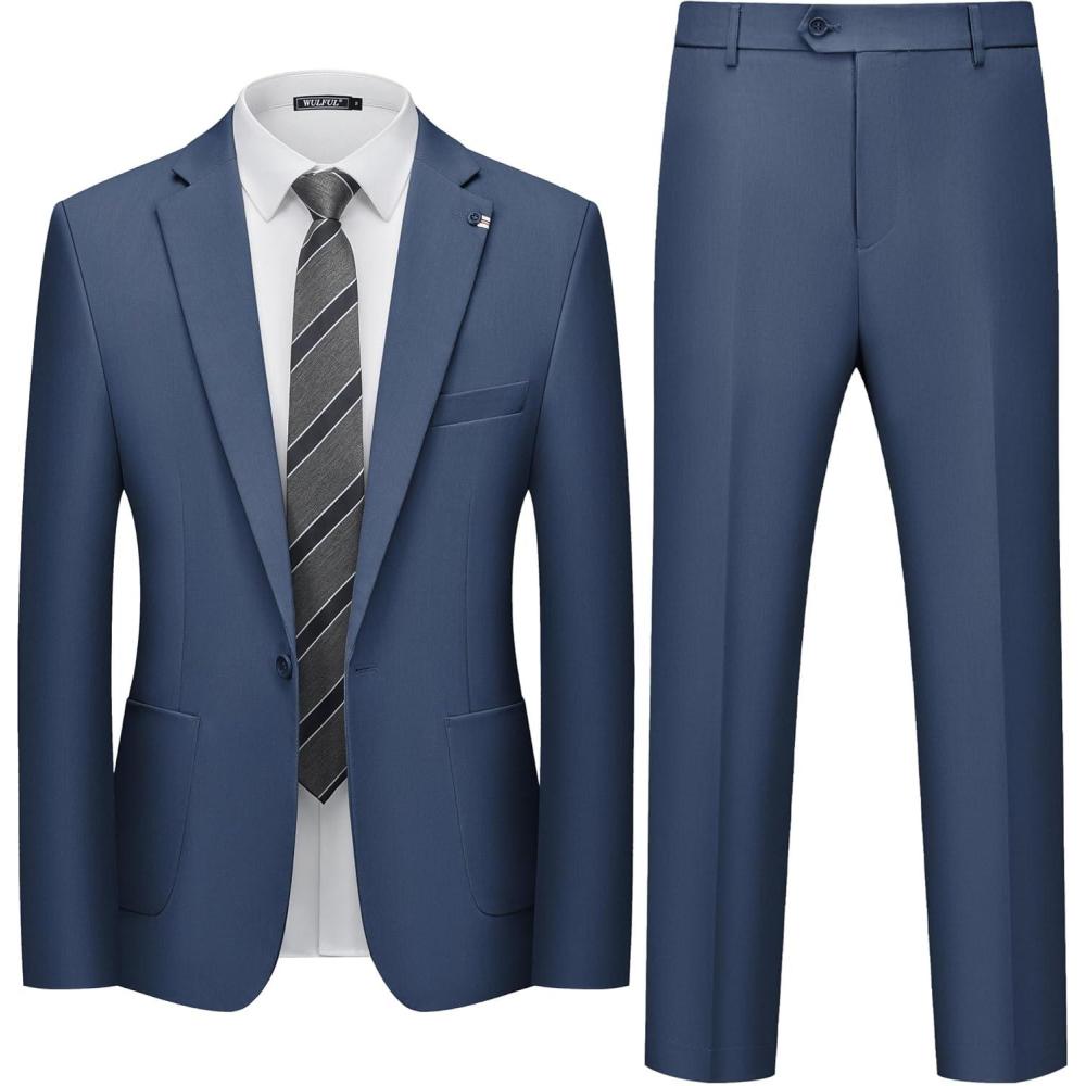 imageWULFUL Mens 2 Piece Slim Fit Suit Set One Button Casual Blazer Jacket Pants SetClassic Fit Suits for Men Wedding BusinessNavy