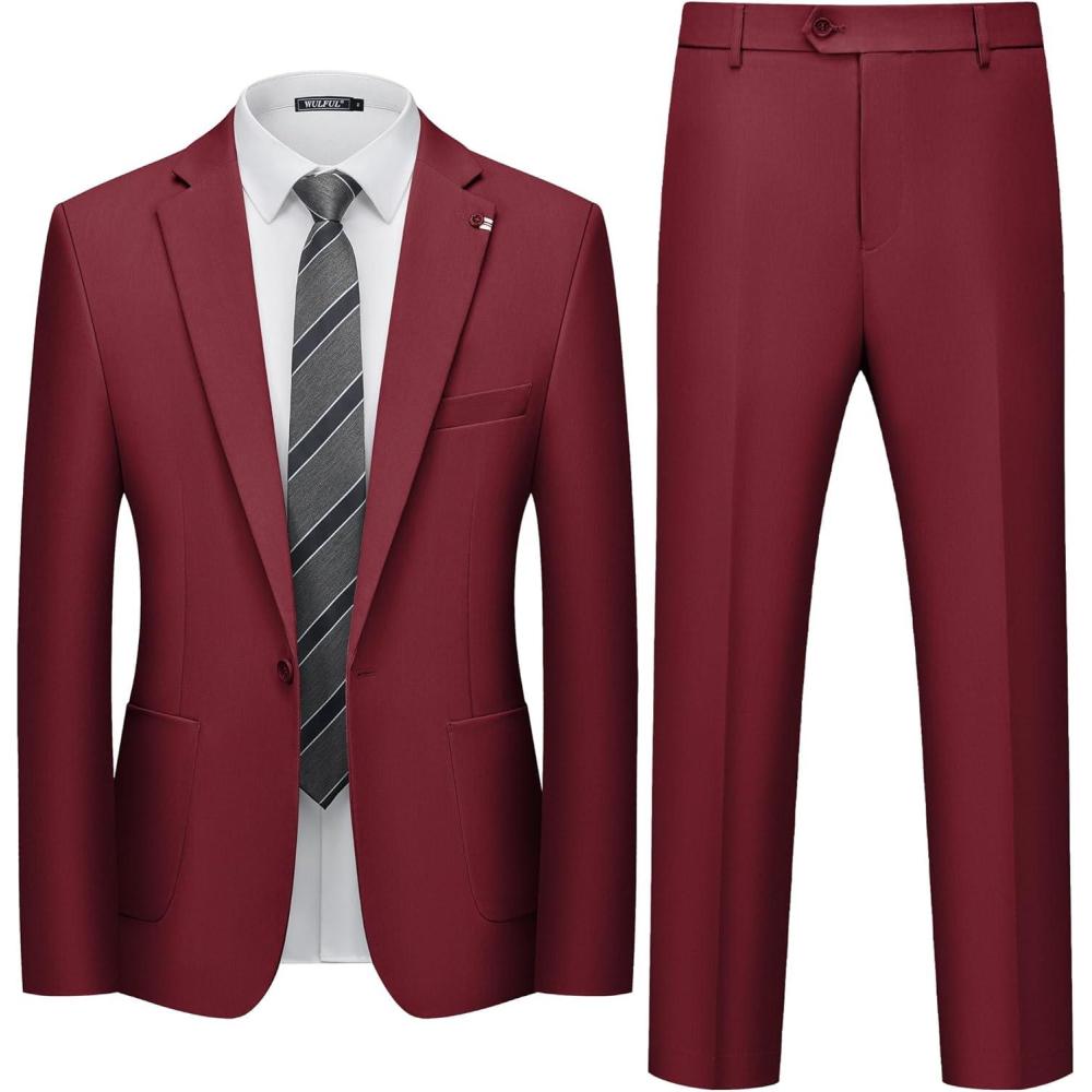 imageWULFUL Mens 2 Piece Slim Fit Suit Set One Button Casual Blazer Jacket Pants SetClassic Fit Suits for Men Wedding BusinessRed