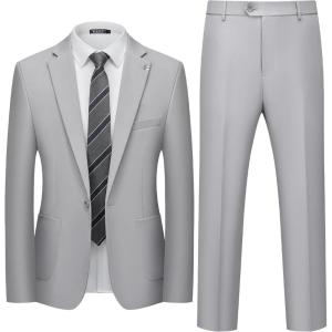 WULFUL Men’s 2 Piece Slim Fit Suit Set One Button Casual Blazer Jacket Pants Set,Classic Fit Suits for Men Wedding Business(Light Gray)