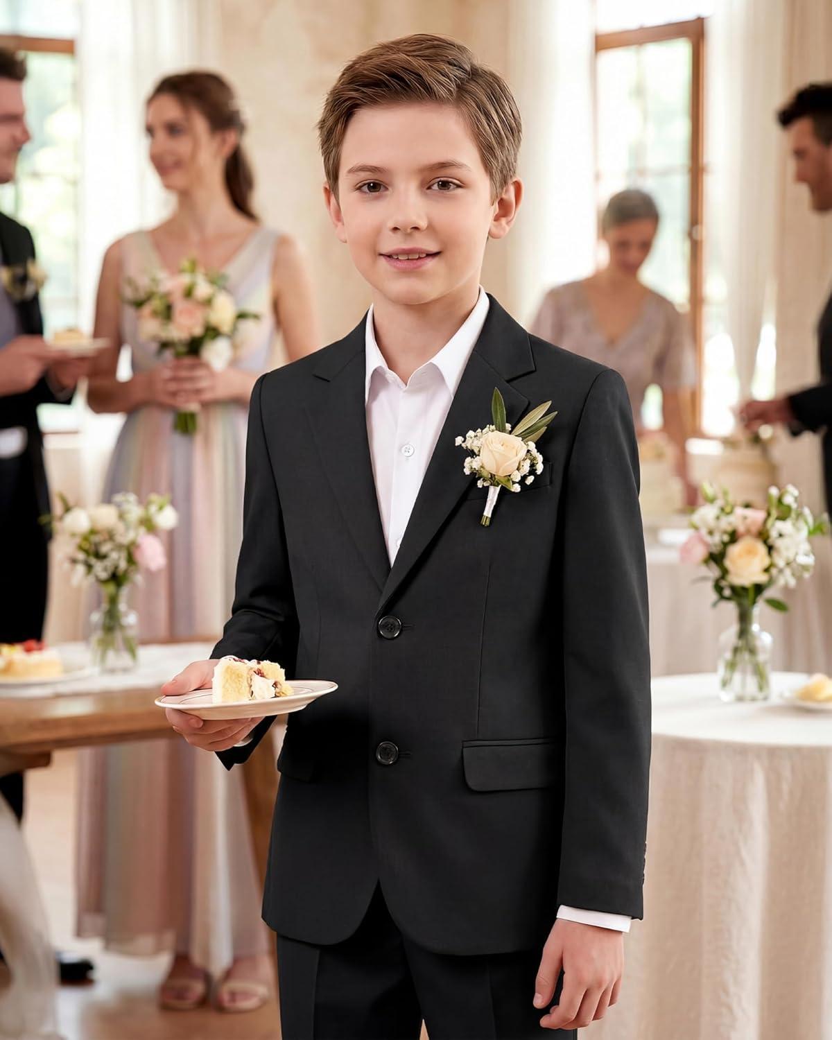 imageWULFUL Boys Slim Fit Suit 3 PiecesJacket Pants ShirtSummer Suit Set for Teens Boys Wedding BeachBlack
