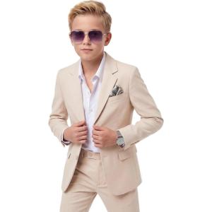 WULFUL Boys’ Slim Fit Suit 3 Pieces:Jacket, Pants, Shirt,Summer Suit Set for Teens Boys Wedding Beach(Beige)