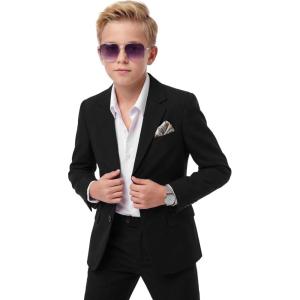 WULFUL Boys’ Slim Fit Suit 3 Pieces:Jacket, Pants, Shirt,Summer Suit Set for Teens Boys Wedding Beach(Black)