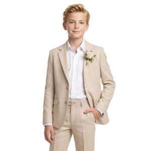 WULFUL Boys’ Slim Fit Suit 3 Pieces:Jacket, Pants, Shirt,Summer Suit Set for Teens Boys Wedding Beach(Khaki)