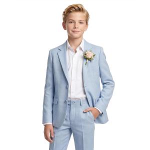 WULFUL Boys’ Slim Fit Suit 3 Pieces:Jacket, Pants, Shirt,Summer Suit Set for Teens Boys Wedding Beach(Light Blue)