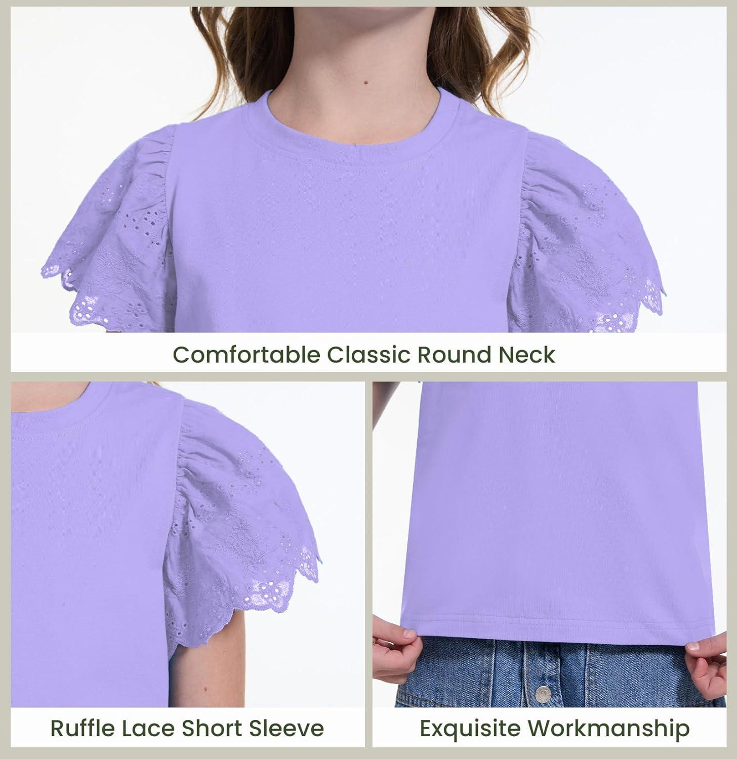 imageWULFUL Girls Shirts Fashion Cotton Summer Short Sleeve Tops Casual TShirts 415 Years OldLight Purple