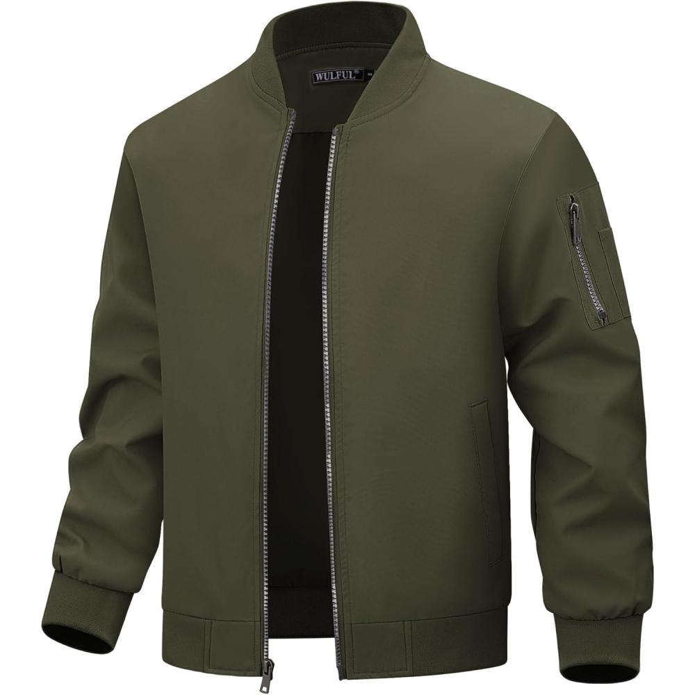 imageWULFUL Mens Lightweight Bomber Jacket Casual Windbreaker Zip Up Coat Spring Fall Streetwear with Pockets for Travel WorkArmy Green
