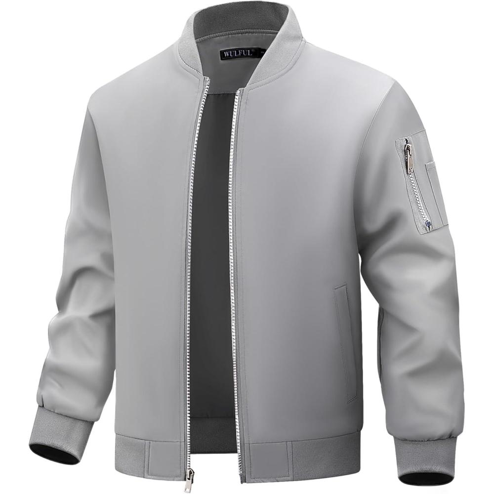 imageWULFUL Mens Lightweight Bomber Jacket Casual Windbreaker Zip Up Coat Spring Fall Streetwear with Pockets for Travel WorkLight Grey