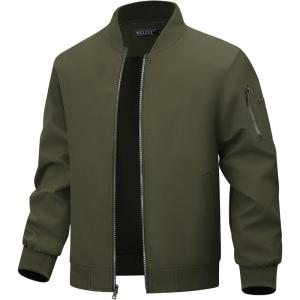 WULFUL Men’s Lightweight Bomber Jacket Casual Windbreaker Zip Up Coat Spring Fall Streetwear with Pockets for Travel Work(Army Green)