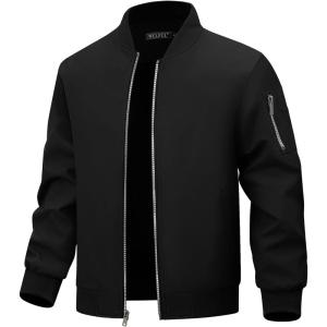 WULFUL Men’s Lightweight Bomber Jacket Casual Windbreaker Zip Up Coat Spring Fall Streetwear with Pockets for Travel Work(Black)