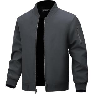 WULFUL Men’s Lightweight Bomber Jacket Casual Windbreaker Zip Up Coat Spring Fall Streetwear with Pockets for Travel Work(Deep Grey)