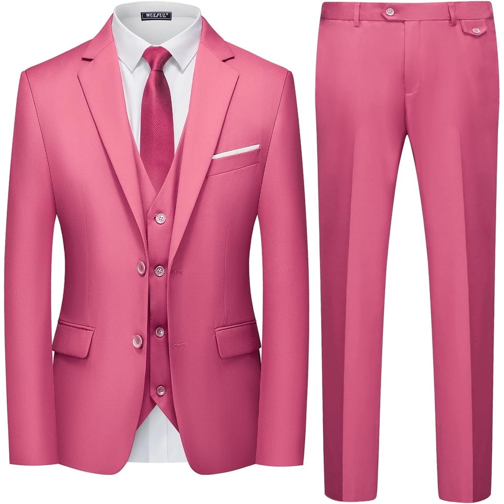 imageWULFUL Mens 3 Piece Slim Fit Suit Set Two Button Blazer Jacket Vest Pants Tuxedo Set for Party Wedding and Business Pink