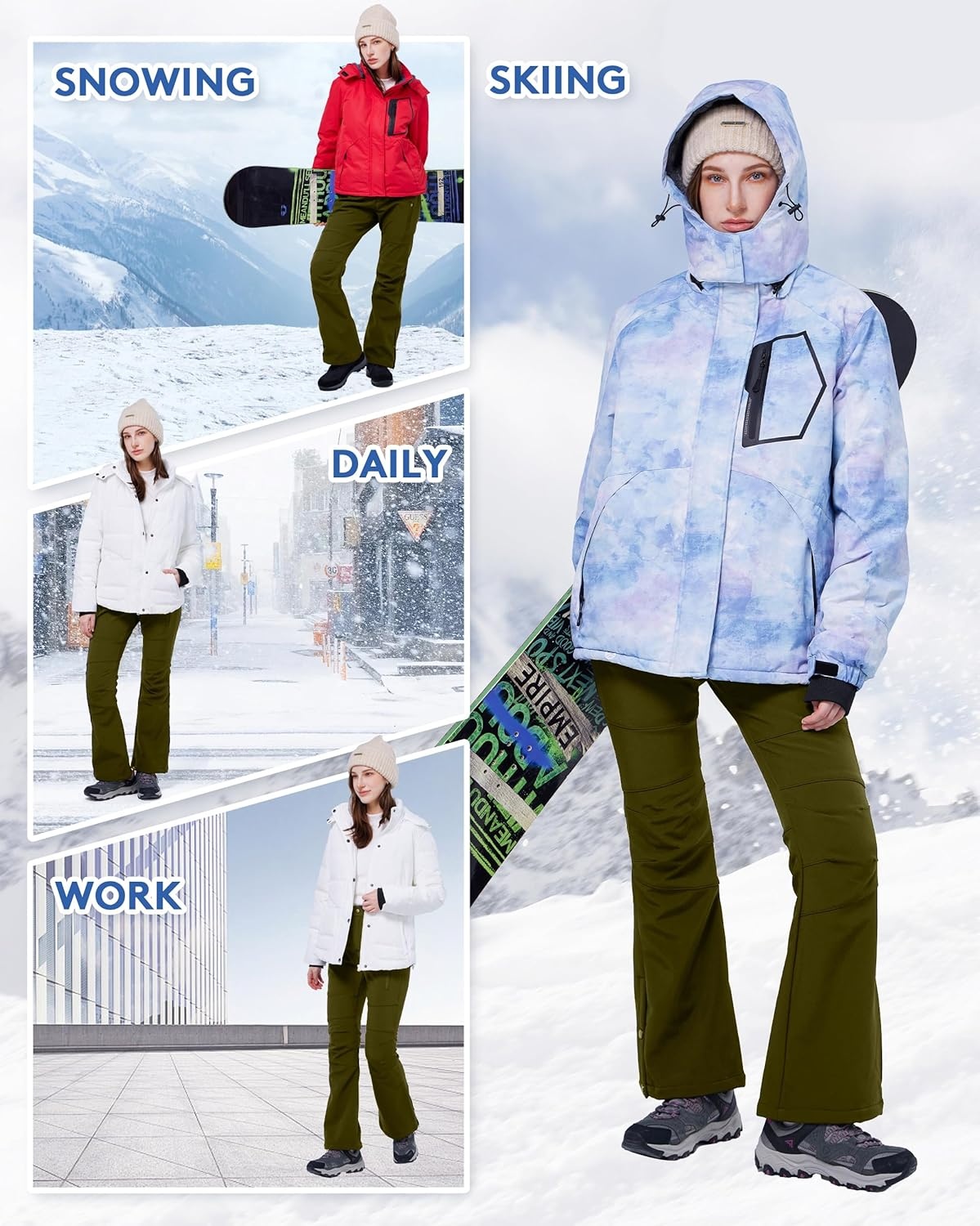image:imageWULFUL Womens Snow Ski Pants Waterproof Insulated Fleece Lined Winter Softshell Hiking PantsArmy Green
