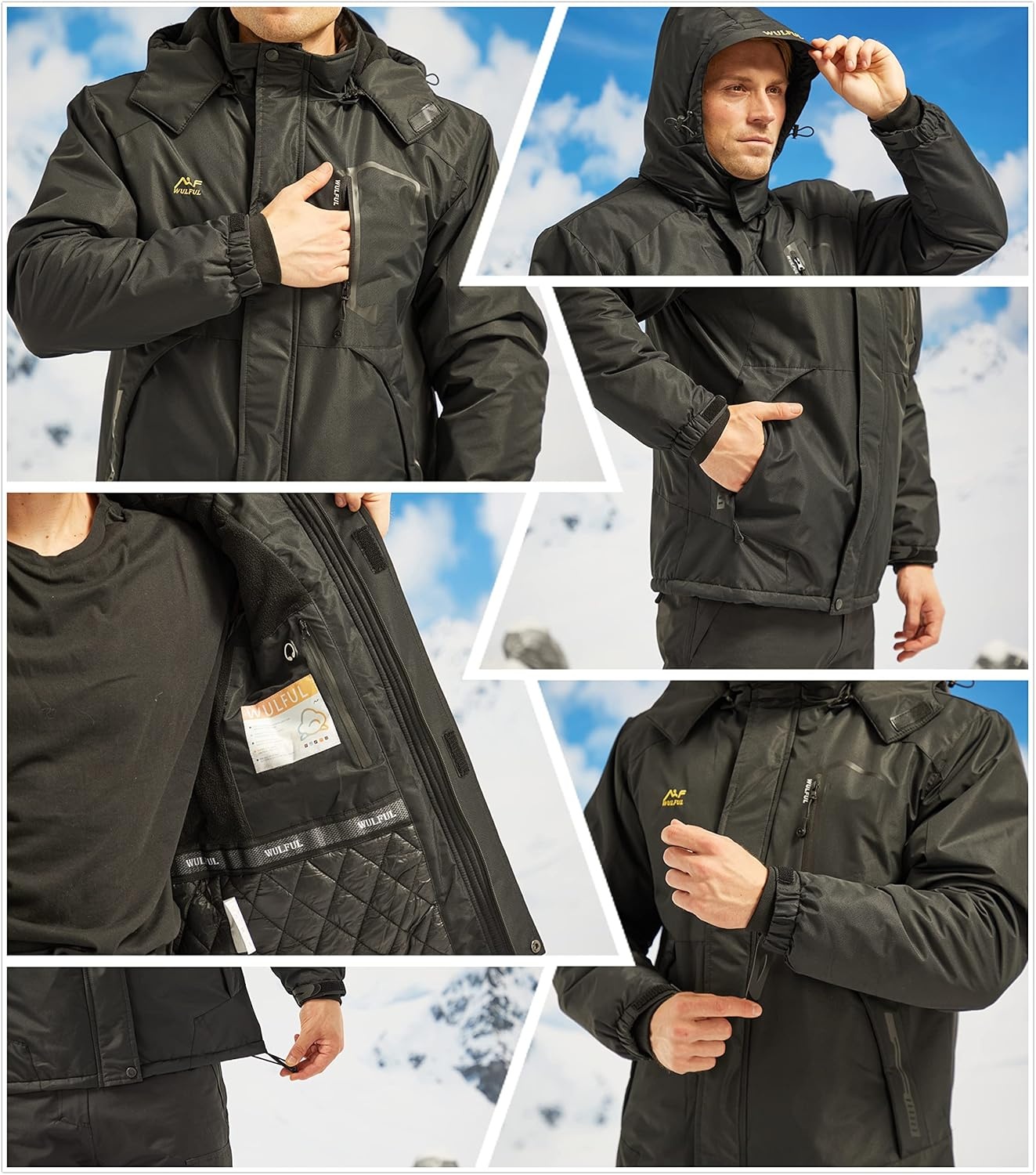 image:imageWULFUL Mens Winter Coats Waterproof Ski Jacket Warm Windproof Winter Windbreaker Jackets for Men with HoodBlack0050