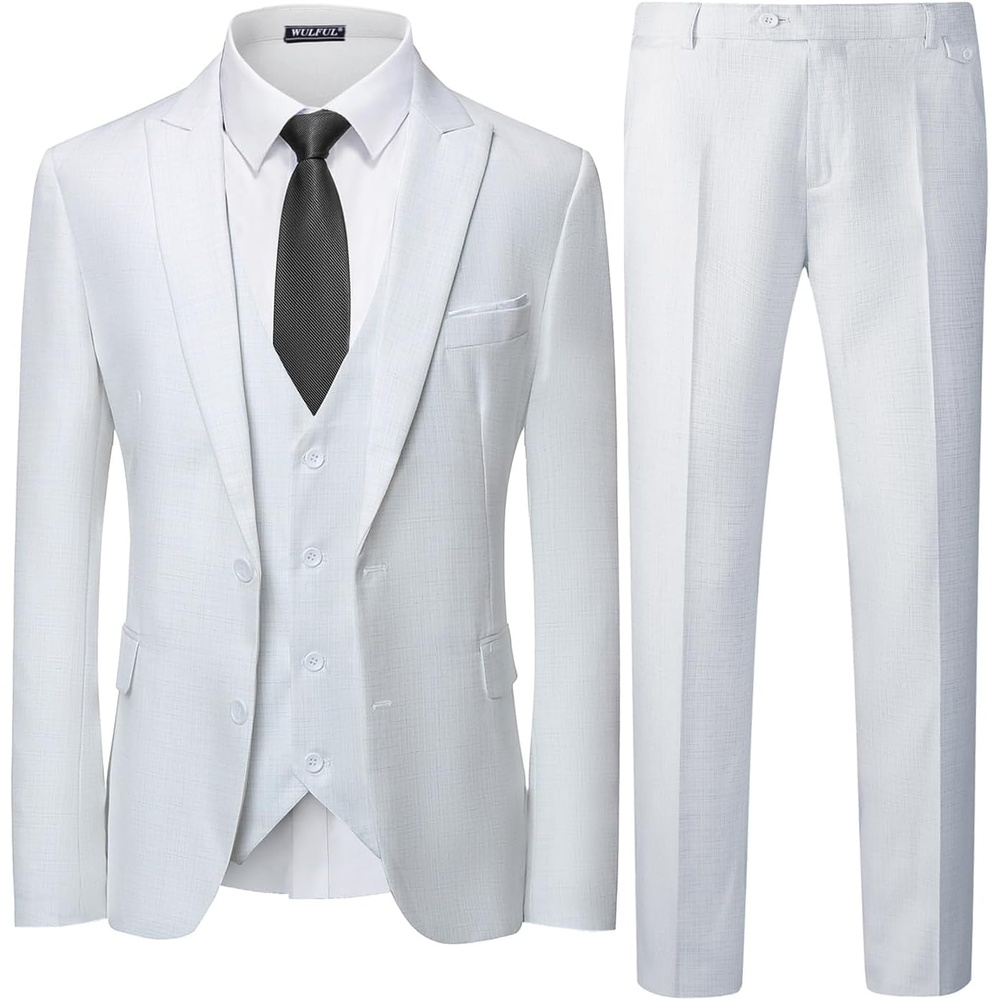 image:imageWULFUL Mens 3 Piece Slim Fit Suit Set Two Button Blazer Jacket Vest Pants Tuxedo Set for Party Wedding and Business White