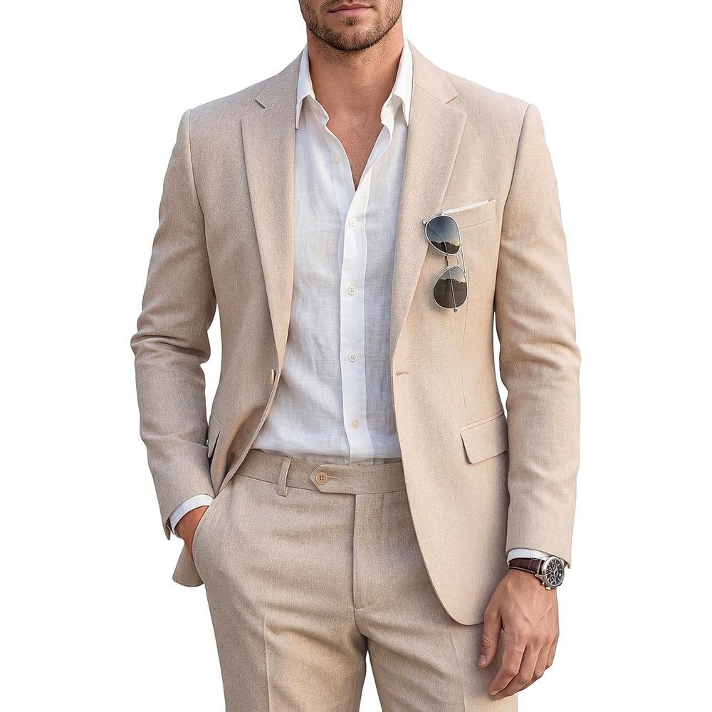 image:imageWULFUL Mens Slim Fit 2 Piece Suit One Button Solid Blazer Business Party Jacket Pants SetBeige