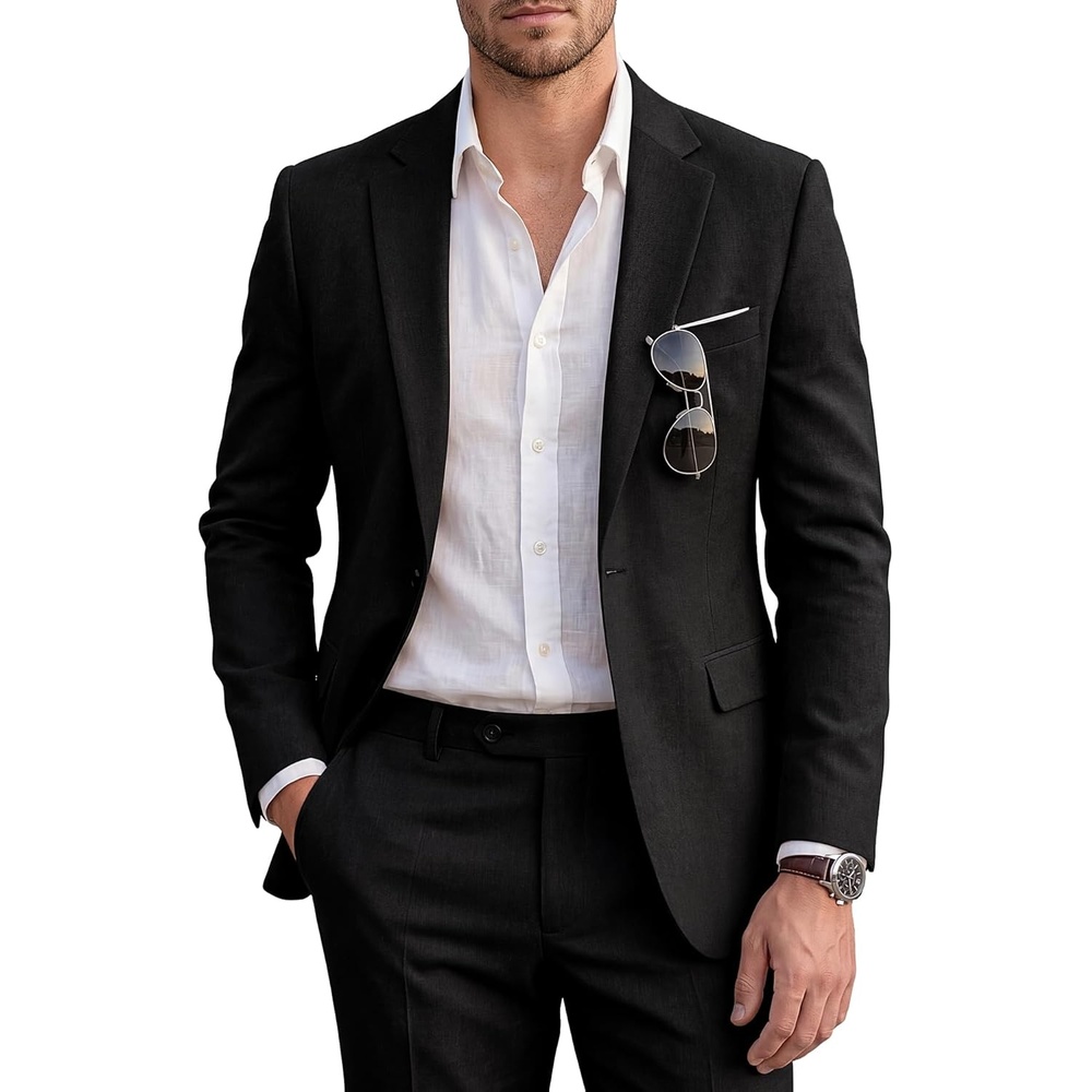 image:imageWULFUL Mens Slim Fit 2 Piece Suit One Button Solid Blazer Business Party Jacket Pants SetBlack