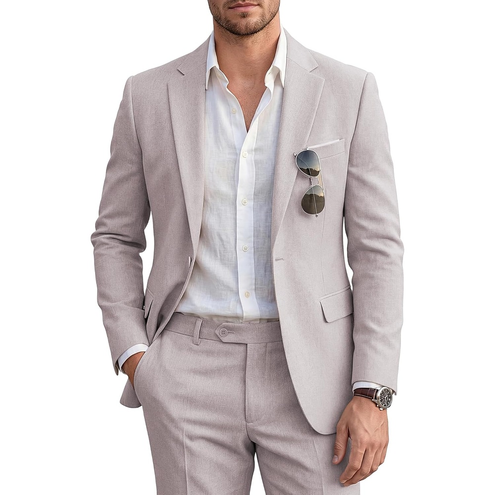 image:imageWULFUL Mens Slim Fit 2 Piece Suit One Button Solid Blazer Business Party Jacket Pants SetKhaki