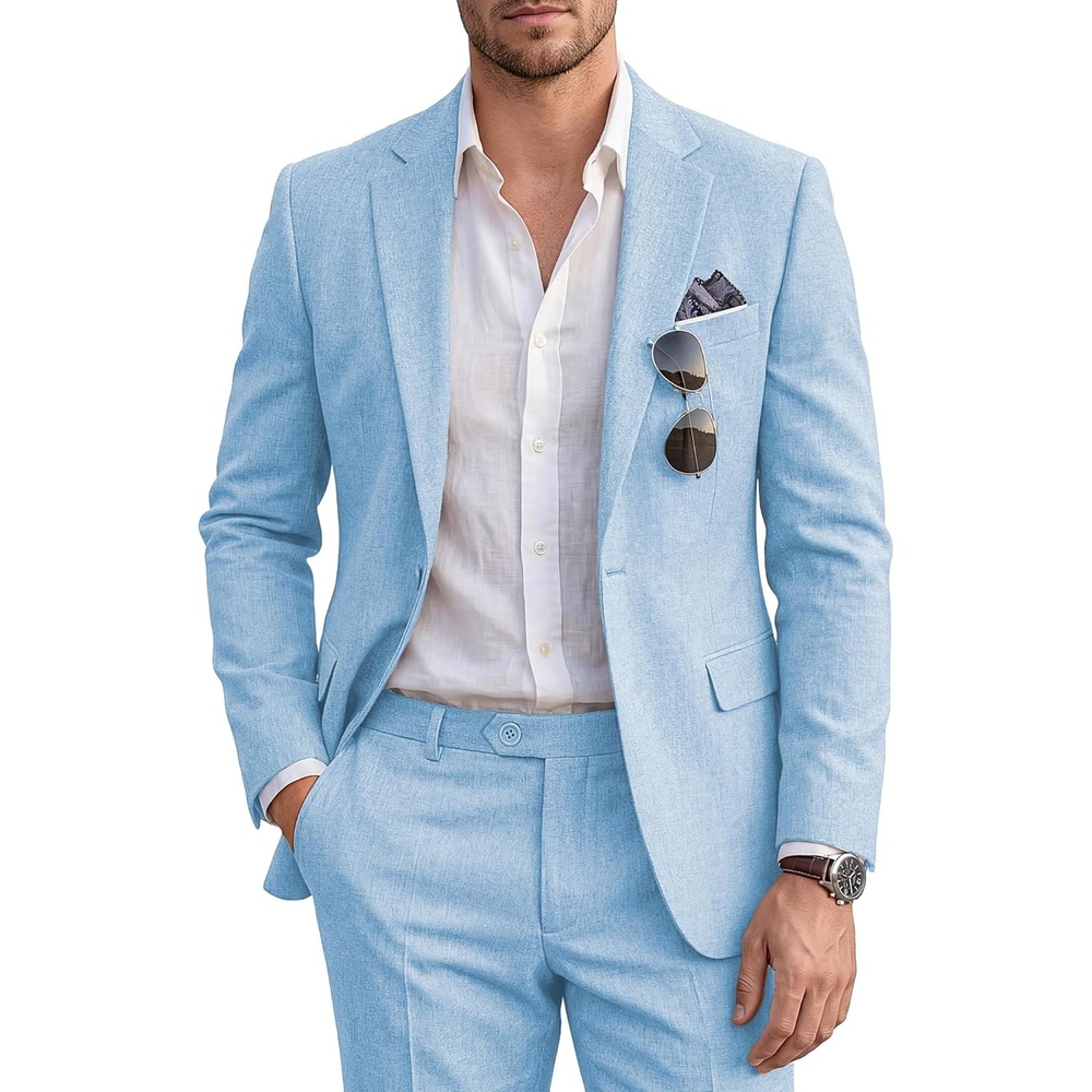 image:imageWULFUL Mens Slim Fit 2 Piece Suit One Button Solid Blazer Business Party Jacket Pants SetLight Blue