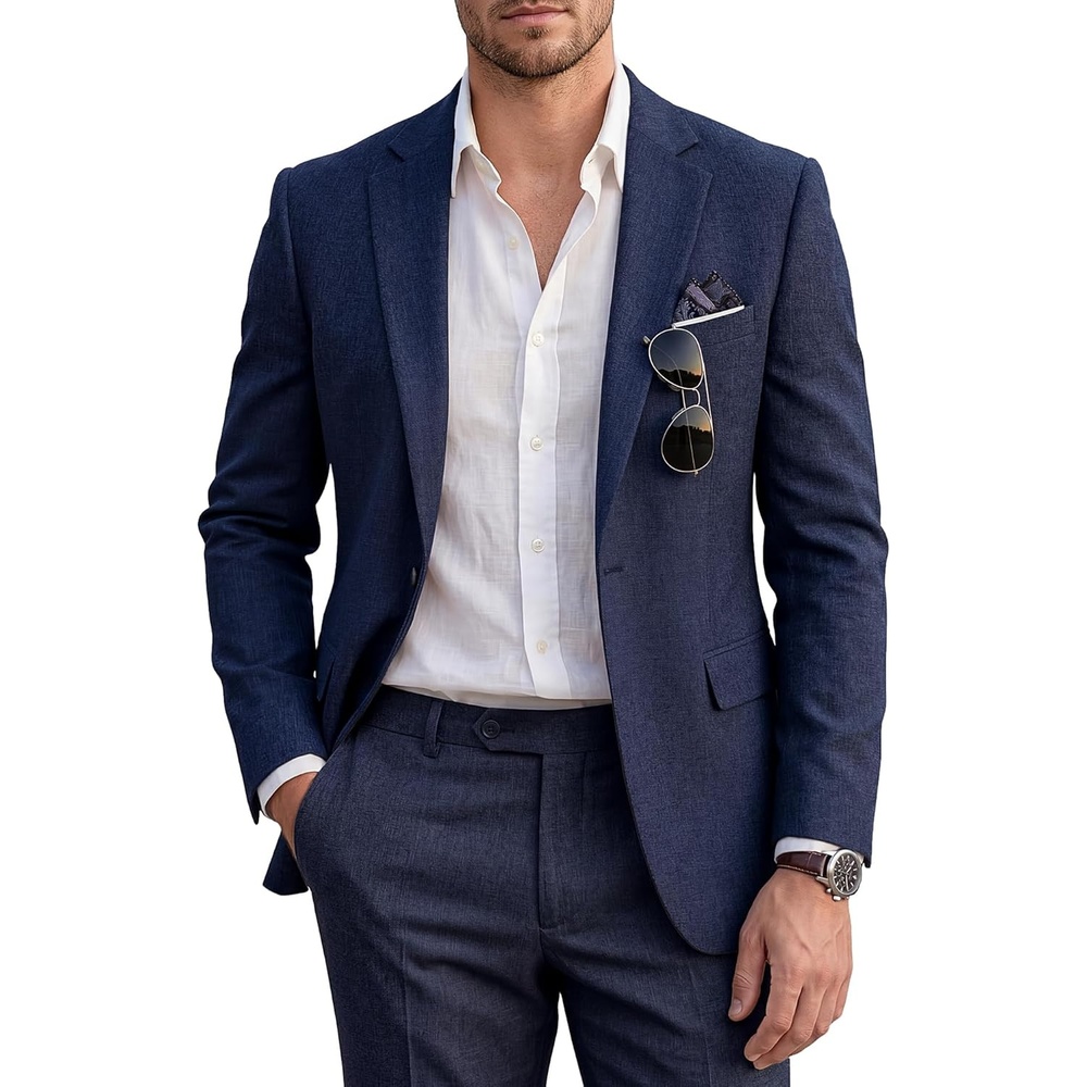 image:imageWULFUL Mens Slim Fit 2 Piece Suit One Button Solid Blazer Business Party Jacket Pants SetNavy