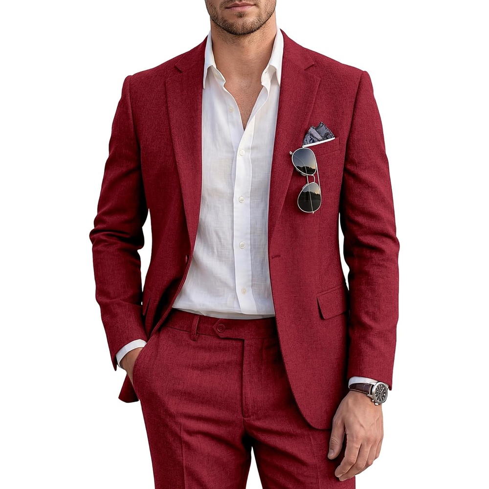 image:imageWULFUL Mens Slim Fit 2 Piece Suit One Button Solid Blazer Business Party Jacket Pants SetWine Red