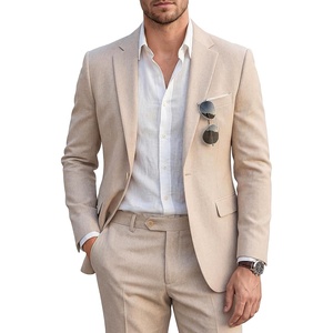 WULFUL Men’s Slim Fit 2 Piece Suit, One Button Solid Blazer Business Party Jacket Pants Set(Beige)