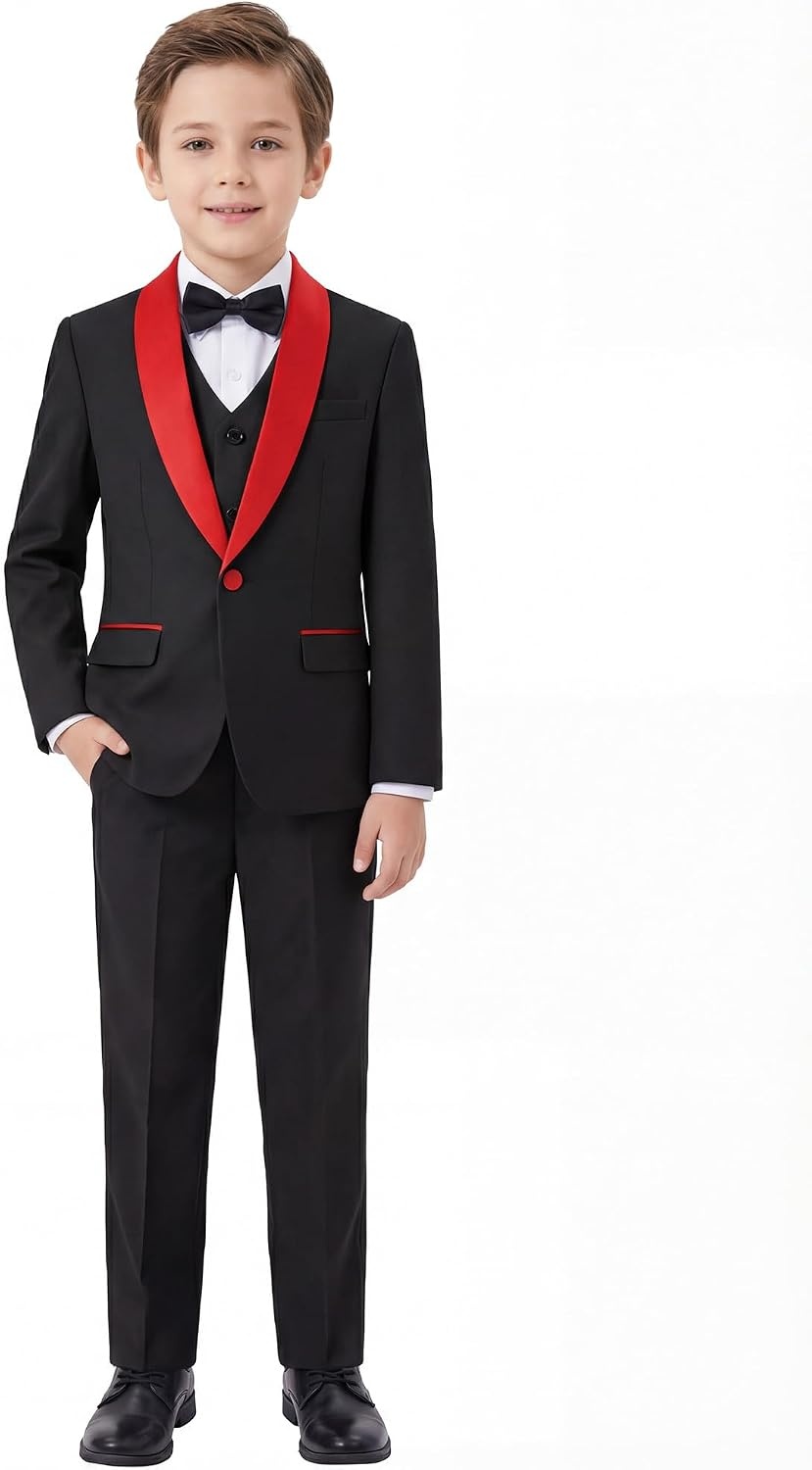 image:imageWULFUL Boys 5 Pieces Tuxedo Suit Set Kids Suits Shawl Collar Jacket Pant Vest Bow Tie for Wedding Ring Bearer Party PromBlackred Lapel