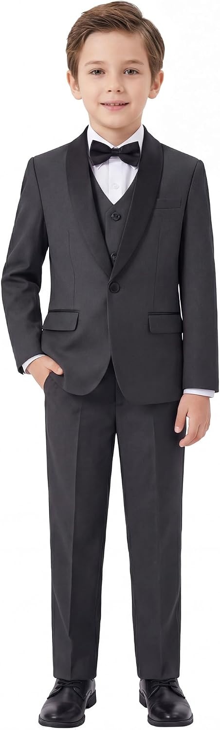 image:imageWULFUL Boys 5 Pieces Tuxedo Suit Set Kids Suits Shawl Collar Jacket Pant Vest Bow Tie for Wedding Ring Bearer Party PromDark Grey