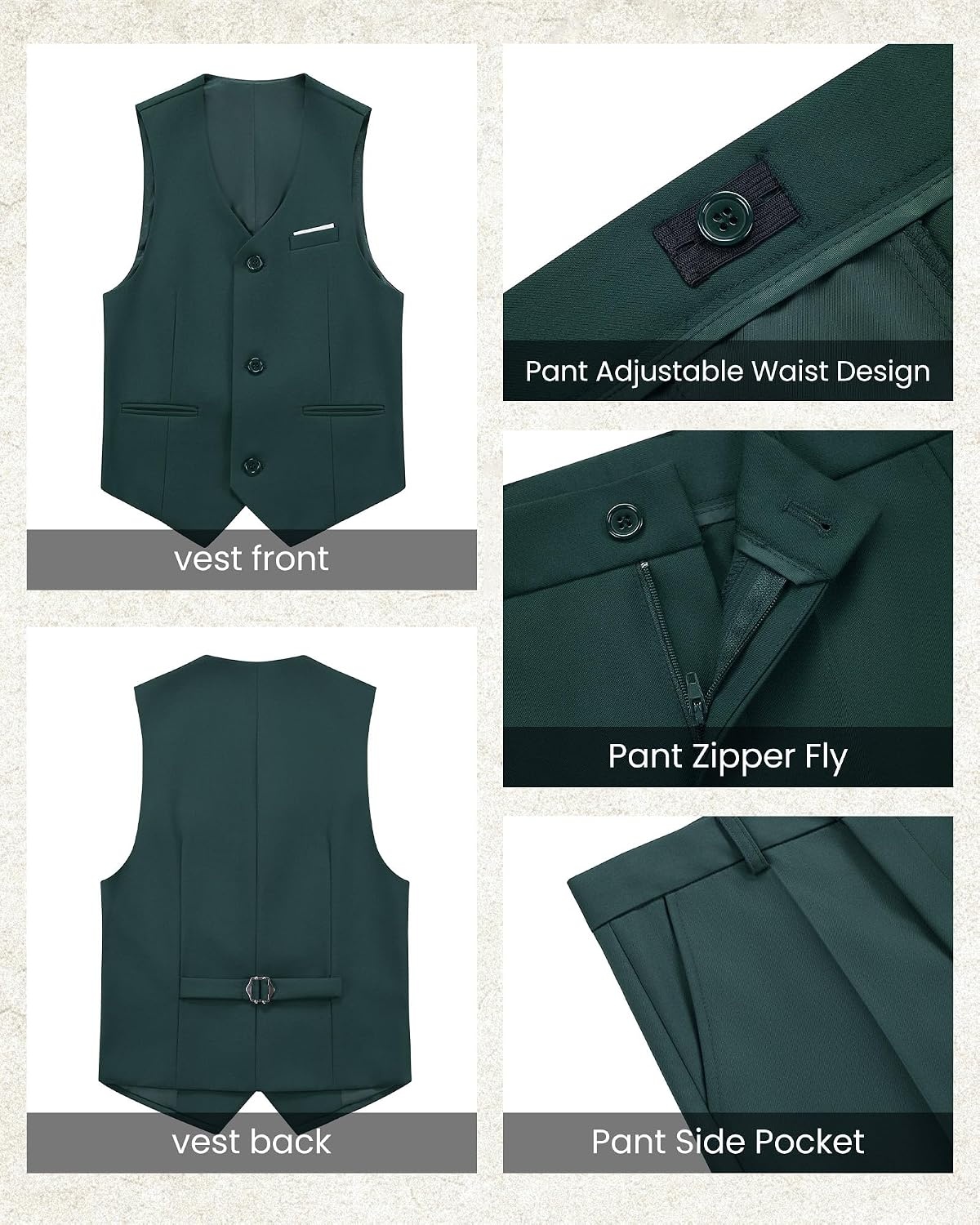 image:imageWULFUL Boys 5 Pieces Tuxedo Suit Set Kids Suits Shawl Collar Jacket Pant Vest Bow Tie for Wedding Ring Bearer Party PromDeep Green