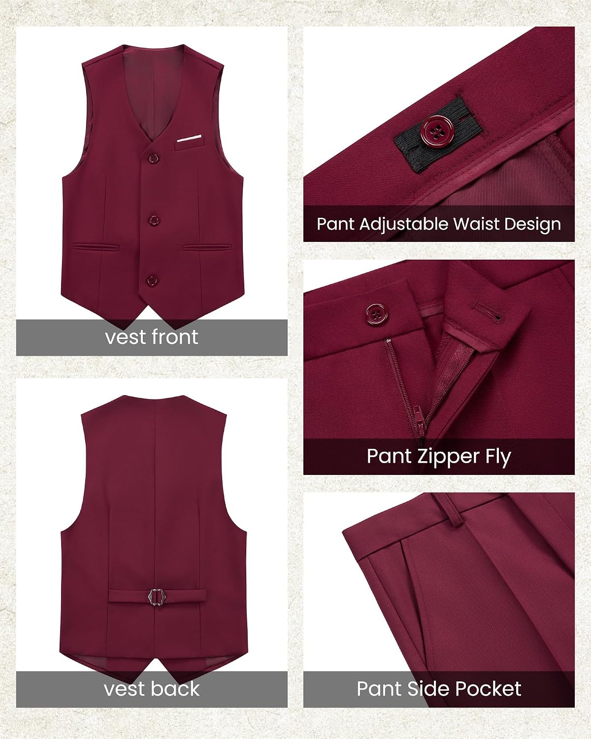image:imageWULFUL Boys 5 Pieces Tuxedo Suit Set Kids Suits Shawl Collar Jacket Pant Vest Bow Tie for Wedding Ring Bearer Party PromWine Red