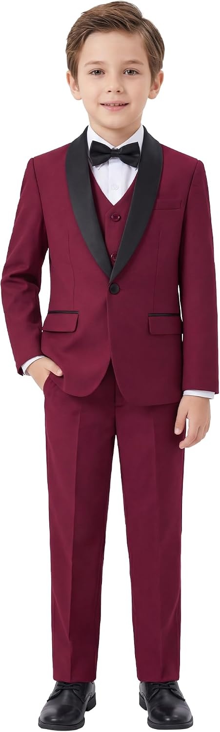 image:imageWULFUL Boys 5 Pieces Tuxedo Suit Set Kids Suits Shawl Collar Jacket Pant Vest Bow Tie for Wedding Ring Bearer Party PromWine Red