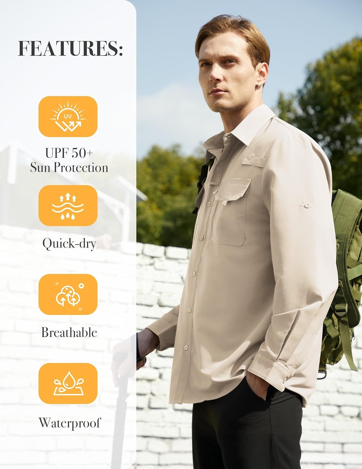 image:imageWULFUL Mens Sun Protection Fishing Shirts UPF 50 Lightweight Quick Dry Cooling Long Sleeve Shirts for Work Hiking SafariKhaki
