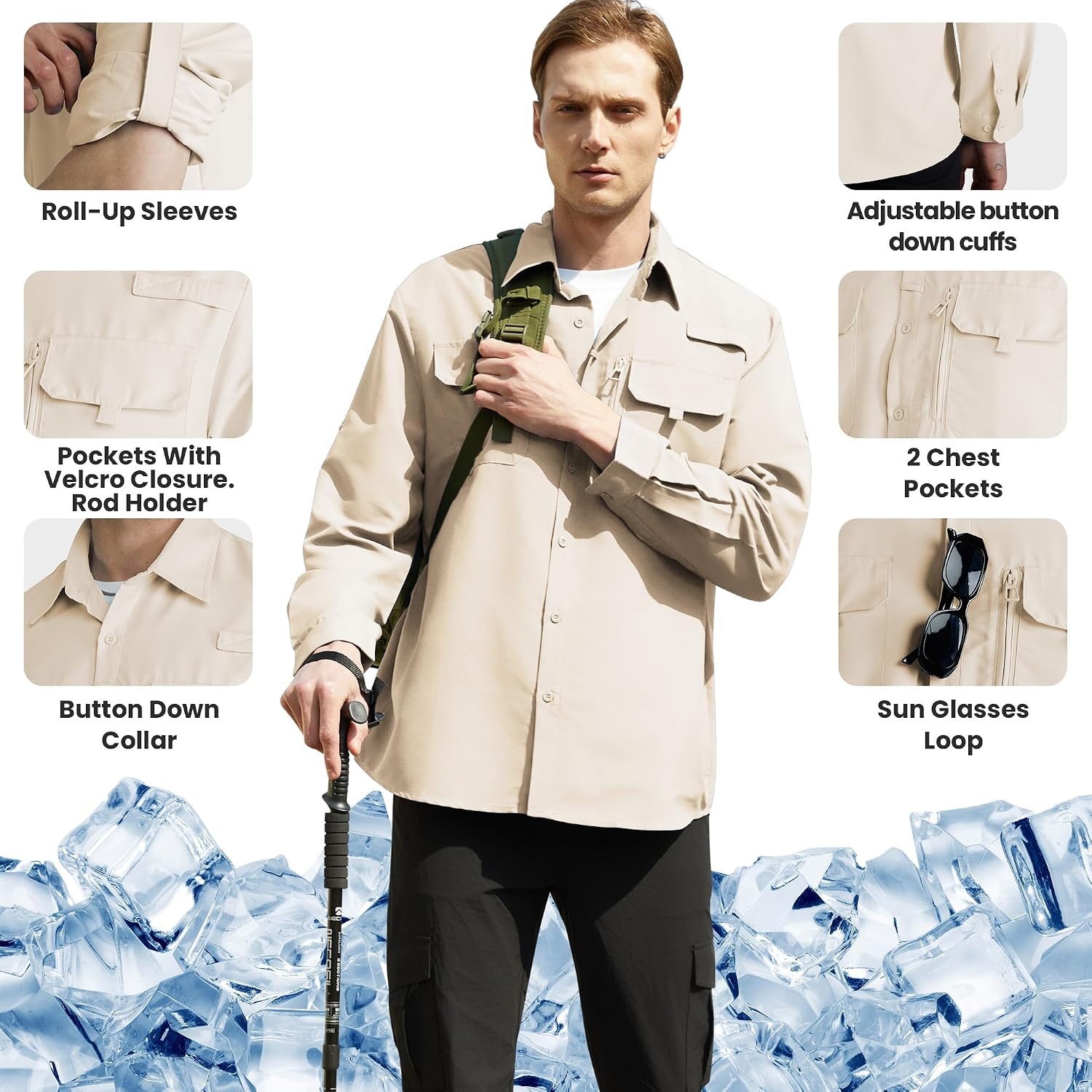 image:imageWULFUL Mens Sun Protection Fishing Shirts UPF 50 Lightweight Quick Dry Cooling Long Sleeve Shirts for Work Hiking SafariKhaki